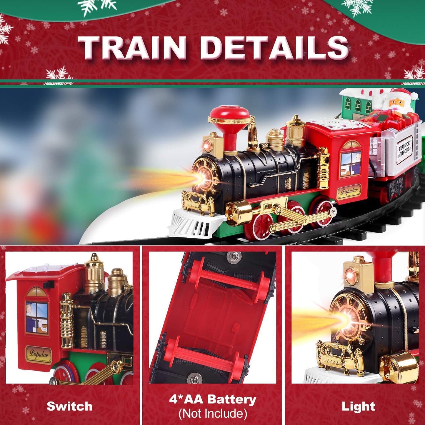 AOKESI Toy Train Set with Lights and Sounds - Christmas Train Set Around Tree - Electric Railway Train Set with Locomotive Engine, Cars and Tracks, Battery Operated Xmas Train Gift for Kids Boys Girls