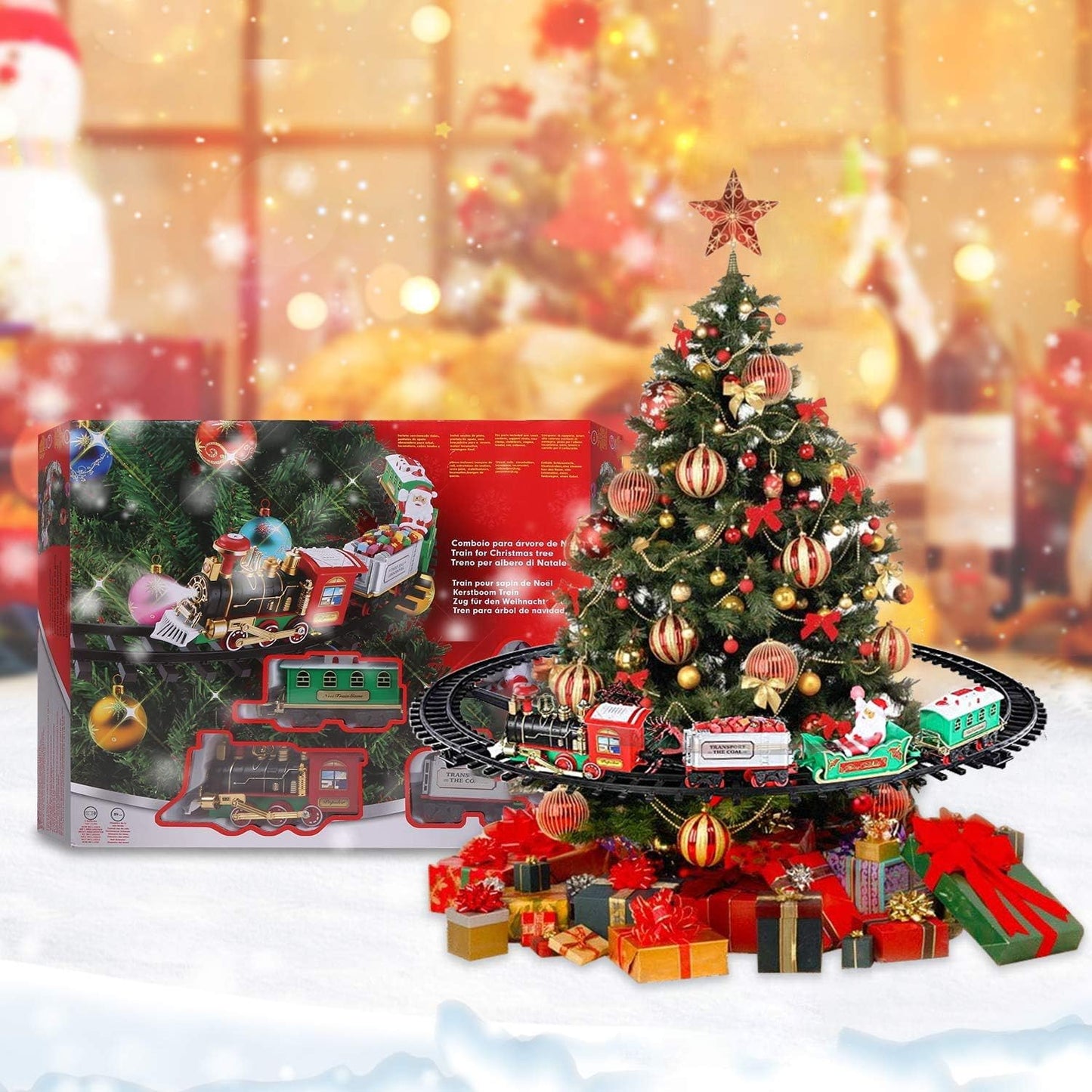 AOKESI Toy Train Set with Lights and Sounds - Christmas Train Set Around Tree - Electric Railway Train Set with Locomotive Engine, Cars and Tracks, Battery Operated Xmas Train Gift for Kids Boys Girls