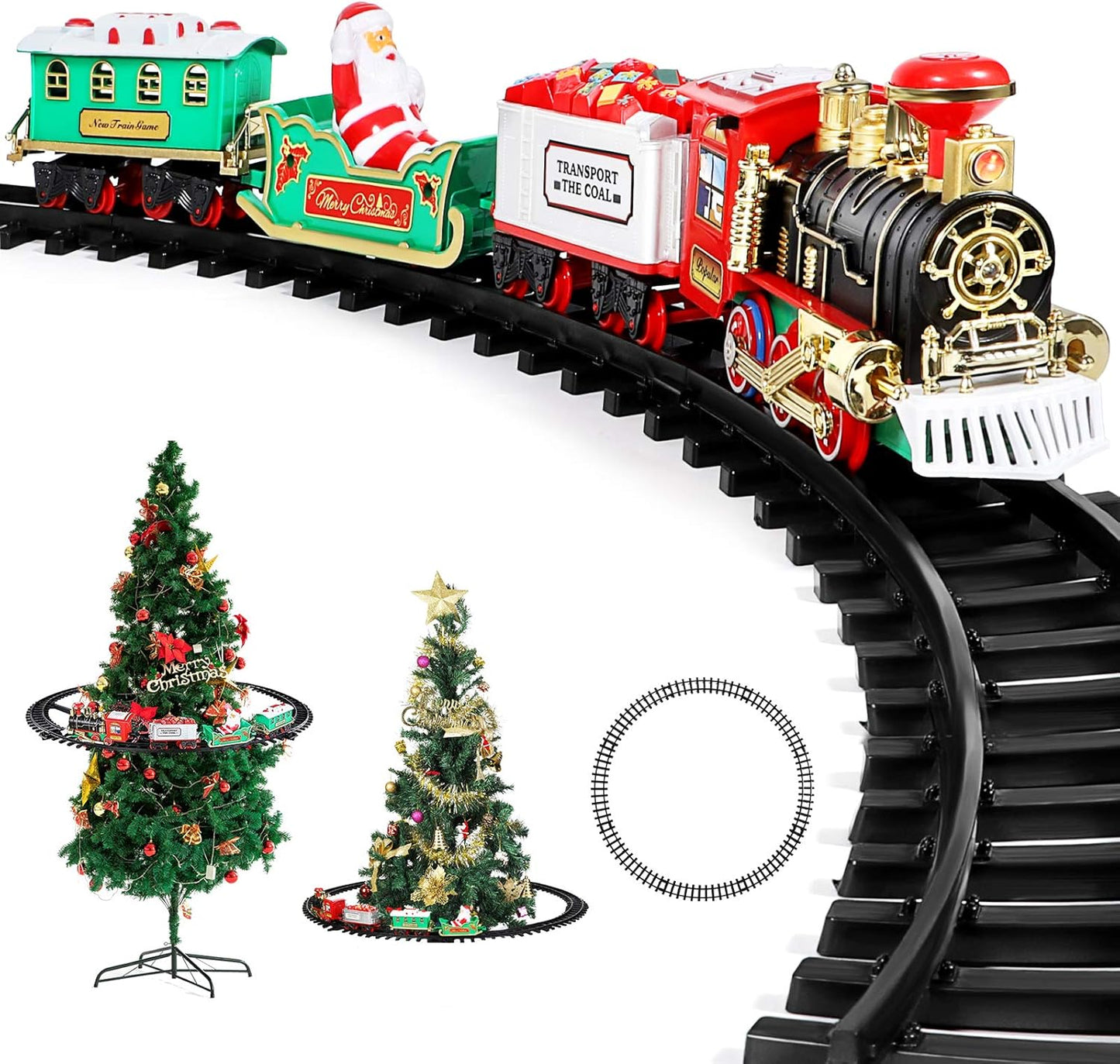 AOKESI Toy Train Set with Lights and Sounds - Christmas Train Set Around Tree - Electric Railway Train Set with Locomotive Engine, Cars and Tracks, Battery Operated Xmas Train Gift for Kids Boys Girls