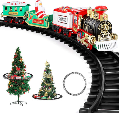 AOKESI Toy Train Set with Lights and Sounds - Christmas Train Set Around Tree - Electric Railway Train Set with Locomotive Engine, Cars and Tracks, Battery Operated Xmas Train Gift for Kids Boys Girls