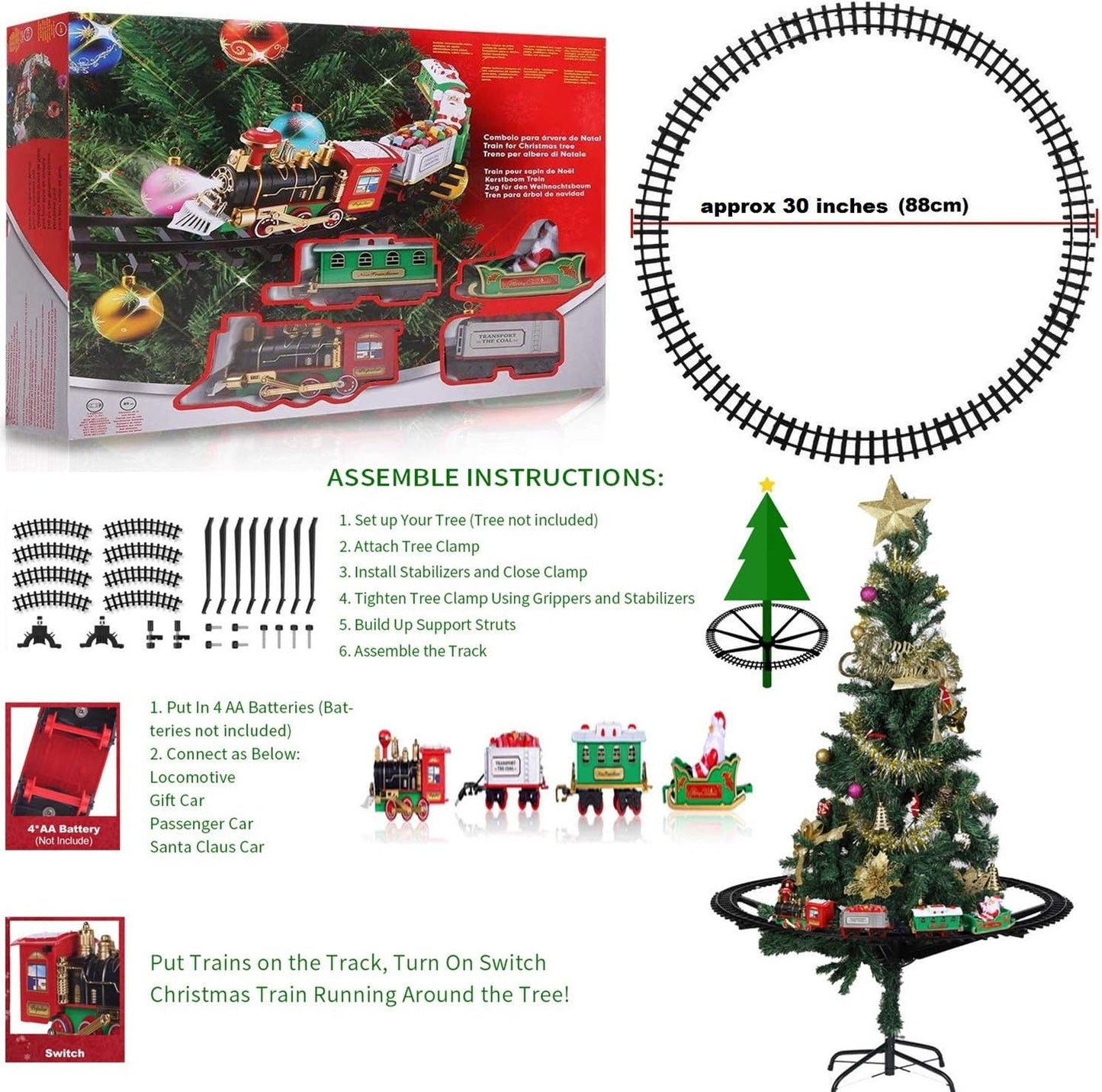 AOKESI Toy Train Set with Lights and Sounds - Christmas Train Set Around Tree - Electric Railway Train Set with Locomotive Engine, Cars and Tracks, Battery Operated Xmas Train Gift for Kids Boys Girls