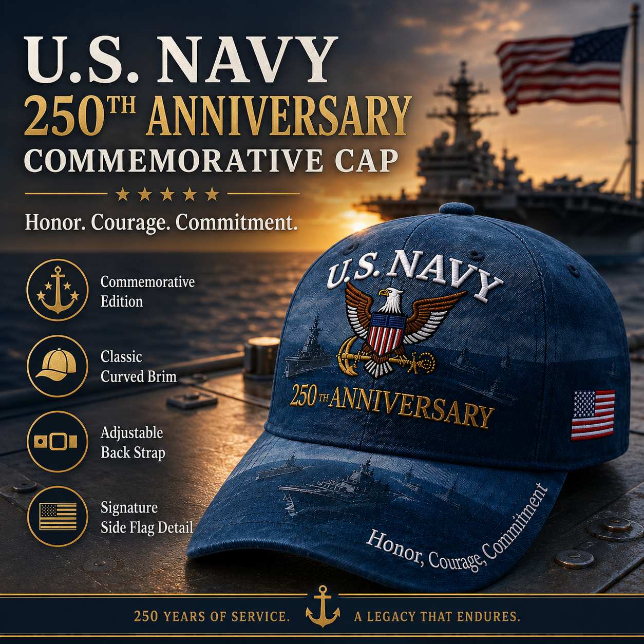 🔥 Father’s Day Sale - ❤️Handmade U.S. Navy 250th Anniversary Commemorative Cap 🇺🇸