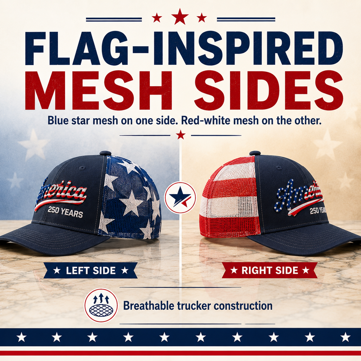 🔥 Father’s Day Sale - ❤️ 🇺🇸 America 250 Years Patriotic Embroidered Mesh Trucker Cap