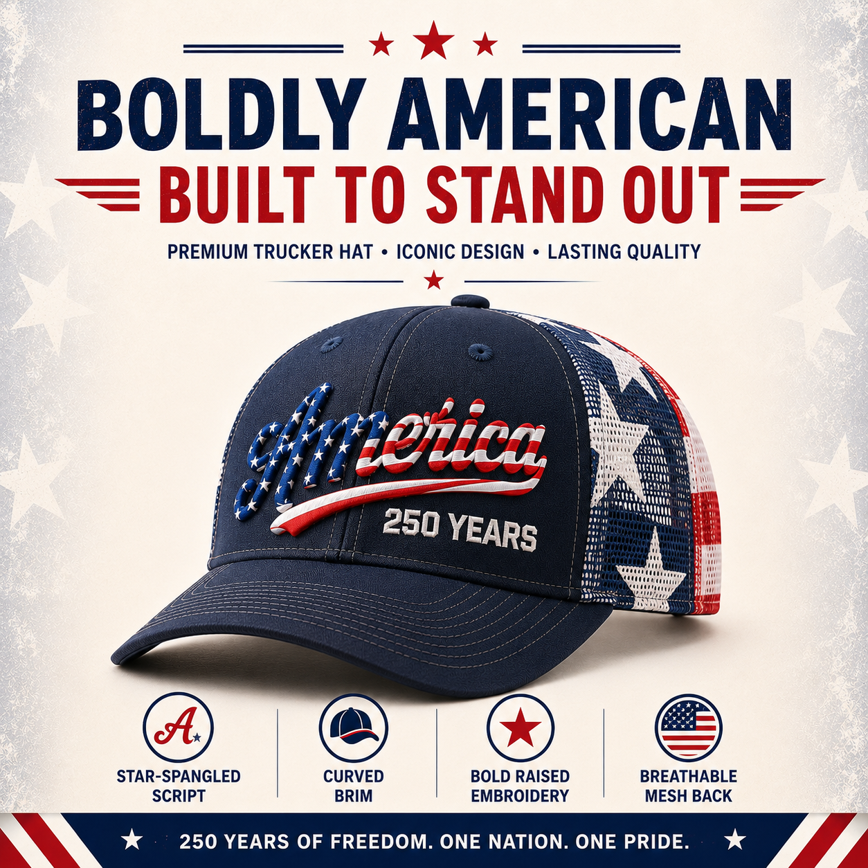 🔥 Father’s Day Sale - ❤️ 🇺🇸 America 250 Years Patriotic Embroidered Mesh Trucker Cap