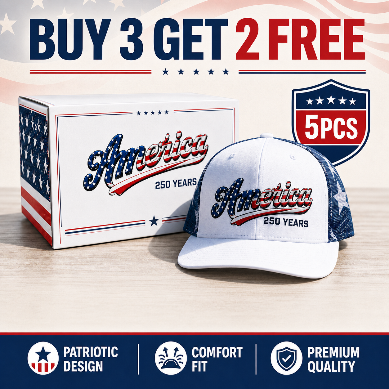 🔥 Father’s Day Sale - ❤️ 🇺🇸 America 250 Years Patriotic Embroidered Mesh Trucker Cap